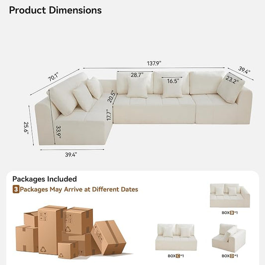 140''Cloud Boneless Couches for Living Room, Modular Sectional Compressed Sectional Sofa, Oversized L Shaped 5 Seater Upholstered Memory Foam Sofa, No Assembly, Chenille Beige
