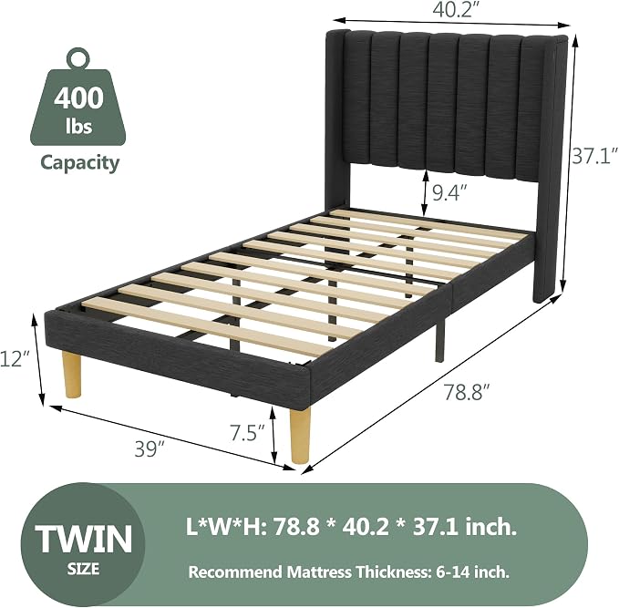 alazyhome Platform Bed Frame Twin Size with Upholstered Headboard, Solid Wood Slats Support, No Box Spring Needed, Noise Free, Easy Assembly, Modern Fabric Bed, Black