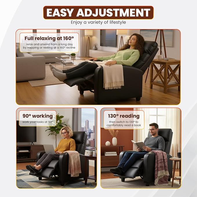 FDW Recliner Chair for Living Room Home Theater Seating Single Reclining Sofa Lounge with Padded Seat Backrest (Black)