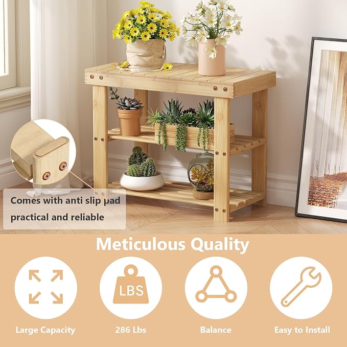 NEWBULIG Shoe Rack Bench, 3-Tier Bamboo Shoe Organizer, Wooden Entryway Storage Bench, 286 lb Load Capacity, 11.2x19.7x17.9 Inches, for Entryway Bathroom Bedroom Balcony, Wood