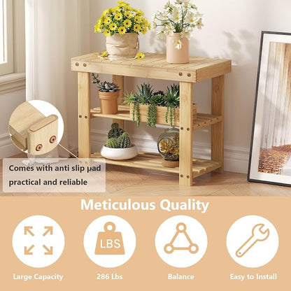 NEWBULIG Shoe Rack Bench, 3-Tier Bamboo Shoe Organizer, Wooden Entryway Storage Bench, 286 lb Load Capacity, 11.2x19.7x17.9 Inches, for Entryway Bathroom Bedroom Balcony, Wood