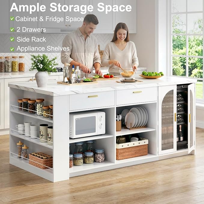 IBF 71" Large Kitchen Island with Storage, White Faux Marble Island table with Seating for 4-6, Stationary Island Cabinet with Drawers & Fridge Space, Modern Wood Counter Height Island Bar, Only Table