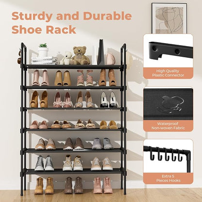 LANTEFUL 6 Tier Shoe Rack for Closet Shoe Organizer with 5 Hooks, Long Shoe Shelf Storage for Shoe and Boot Stackable Free Standing Shoe Rack for Entryway, Garage, Small Spaces, Dorm, Black