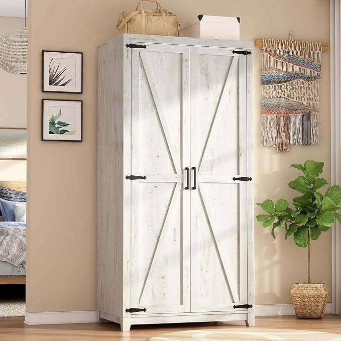 LUXOAK 70" Large Armoire Wardrobe Closet Set of 2 with Hanging Rod, Farmhouse Clothing Storage Cabinet with 2 Barn Doors, Wooden Tall Bedroom Armoires with Shelf, Distressed White