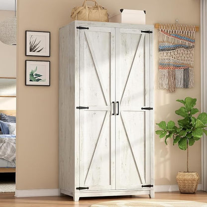 LUXOAK 70" Large Armoire Wardrobe Closet Set of 2 with Hanging Rod, Farmhouse Clothing Storage Cabinet with 2 Barn Doors, Wooden Tall Bedroom Armoires with Shelf, Distressed White
