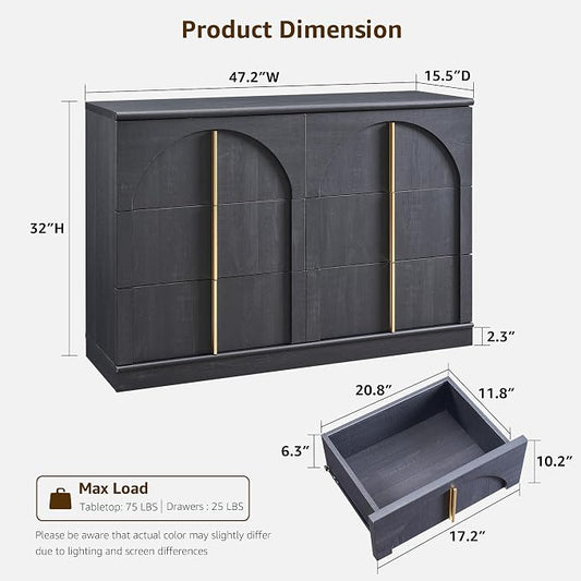 ACCOHOHO Arched Dresser for Bedroom with 6 Drawers, 47.3" Wide Modern Chest of Drawers with Rounded Edge & Metal Handles, Wood Storage Closet Dressers TV Stand for Living Room, Hallway, Black