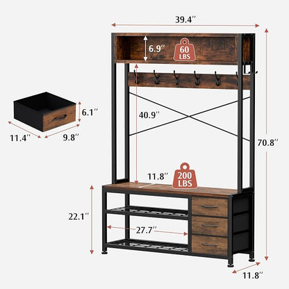 Lulive Hall Tree with 3 Drawers, Industrial Entryway 39.4" Coat Rack Shoe Bench, Freestanding Mudroom Organizer with 12 Hooks, Top Shelf Storage (Rustic Brown)