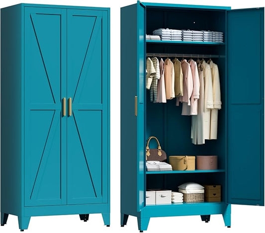 LCAOPC 71" Tall Metal Wardrobe Closet with Adjustable Shelves and Hanging Rod, 2 Doors Free Standing Armoire Wardrobe Cabinet for Bedroom, Office, Laundry Room, Blue