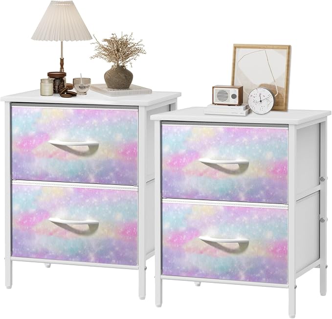 Stero Nightstand Set of 2, Kids Dresser with 2 Drawers, Steel Frame Bedside Furniture, Wood Top Fabric Night Stand, Colorful End Table for Home, Bedroom, Office, Tie-dye White
