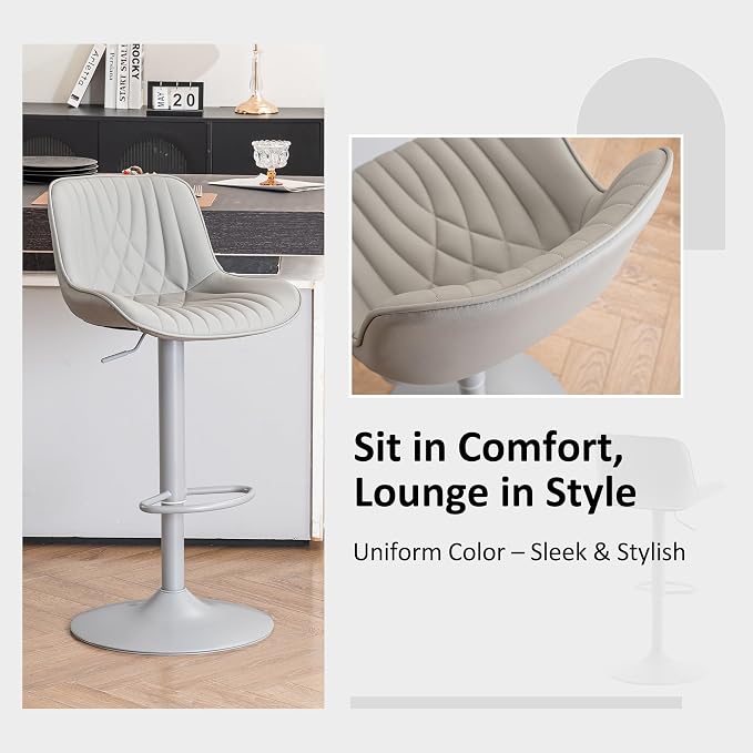 YOUTASTE Faux Leather Bar Stools Set of 2, All Grey Upholstered Counter Height Barstools with Back, Adjustable Swivel Stool Chair with Grey Metal Base for Home Kitchen Island