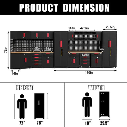 17PCS Garage Cabinets and Storage System with Corner Cabinet, Garage Storage Cabinet System,Cabinet Drawers, Workbench, Pegboard for Tool Organization, Red Black