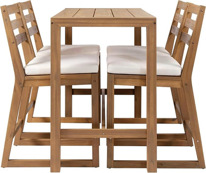 Quarte 5-Piece Acacia Wood Patio Bar Set, Rustic Outdoor Dining Table & Chairs, All-Weather Solid Wood Slatted Tabletop, Space-Saving for Garden, Patio, or Balcony (Light Teak-5)