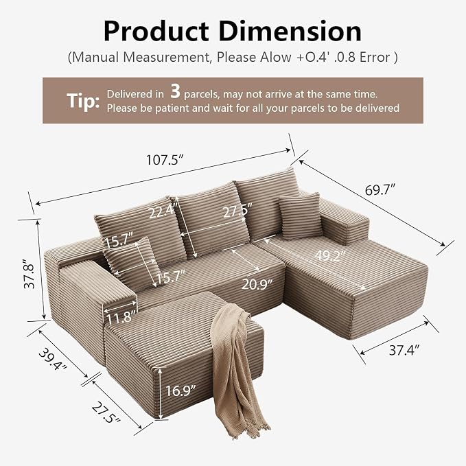 107" Comfy U-Shaped Sectional Modern Boneless Corduroy Couch with Chaise - No Assembly Required! Deep-Seat, Upholstered Modular Cloud Sofa for Living Room, Plush Corduroy Fabric(Camel)