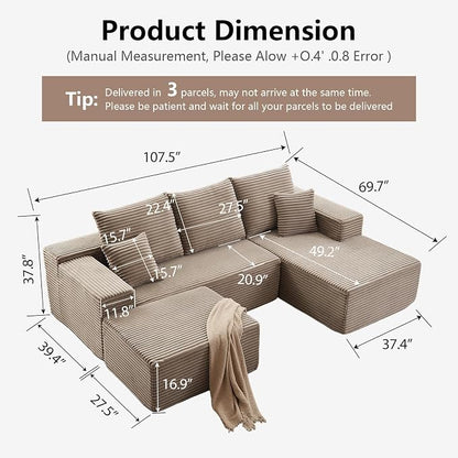 107" Comfy U-Shaped Sectional Modern Boneless Corduroy Couch with Chaise - No Assembly Required! Deep-Seat, Upholstered Modular Cloud Sofa for Living Room, Plush Corduroy Fabric(Camel)