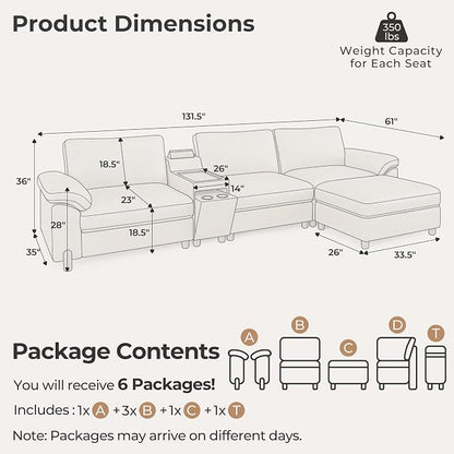 SITJOY Large Cloud Couch, 132" Wide 3 Seater L Shaped with Console, White | Pet-Friendly Scratch-Resistant Leather Sectional Sofas for Living Room, Deep Seat Wide Couch with Chaise, Storage Ottoman