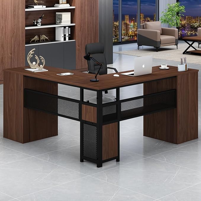 HSH Large L Shaped Executive Desk with Drawers, Home Office Metal Wood Computer Desk for Work Writing Study Gaming, Rustic L-Shaped Walnut Desk Table with File Drawer, Storage Cabinet Shelves, 59 in
