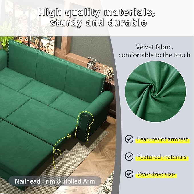 93.7" King Pull Out Sofa Bed, Velvet Sleeper Sofa Couch, 3 in 1 Convertible Futon Couches for Living Room, Small Space, Apartment, Office, Bedroom, Modern Rivet Armrest, Green