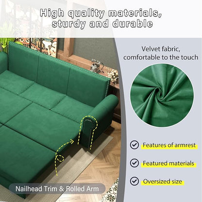 93.7" King Pull Out Sofa Bed, Velvet Sleeper Sofa Couch, 3 in 1 Convertible Futon Couches for Living Room, Small Space, Apartment, Office, Bedroom, Modern Rivet Armrest, Green