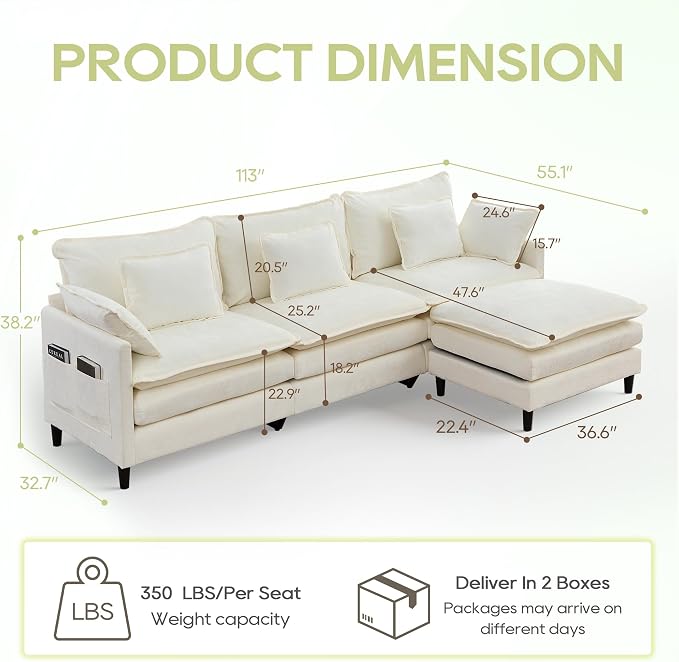 113" Chenille Modular Sectional Sofa, Convertible L Shaped Modular Sofa Comfy Cloud Couch with Ottoman, Side Pockets and 5 Throw Pillows for Living Room (Beige, 113'' - 4 Seat)