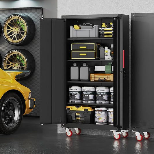 Metal Storage Cabinet with Wheels,71" Garage Cabinets with 4 Adjustable Shelves and Lockable Doors,Black Locking Cabinet Suitable for Garages,Home,Office