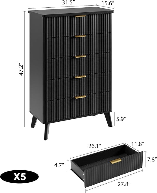 GarveeHome Fluted Dresser for Bedroom with 5 Deep Drawers, 47.2 in Tall Chest of Drawers, Curved Profile Design, Modern Wooden Dresser, for Living Room, Kids Room, Hallway, Black