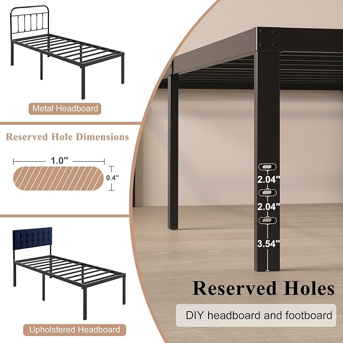 HOBINCHE 20 Inch Twin Size Bed Frame, No Box Spring Needed, Heavy Duty Black Metal Platform Mattress Foundation with Steel Slats, Non-Slip Noise Free Easy Assembly, Large Storage