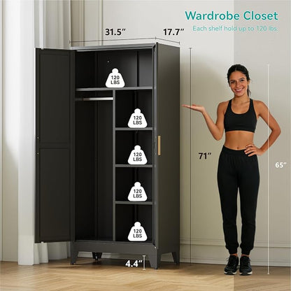 71" Tall Metal Armoire Wardrobe Closet with Hanging Rod and 3 Adjustable Shelves,Black Storage Cabinet,Steel Wardrobe for Bedroom Garage Laundry Room Office Apartment,6 Tier 1 Pack