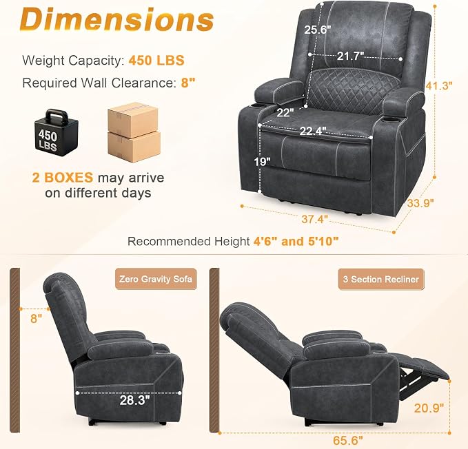 Oversized Manual Recliner Chair, 3X Recliner Home Theater Seating, RV Recliner Single Sofa with Storage, Cup Holder & Side Pocket, Reclining Chair for RV, Home Theater & Living Room (Velvet,Grey)