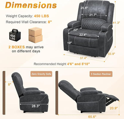 Oversized Manual Recliner Chair, 3X Recliner Home Theater Seating, RV Recliner Single Sofa with Storage, Cup Holder & Side Pocket, Reclining Chair for RV, Home Theater & Living Room (Velvet,Grey)