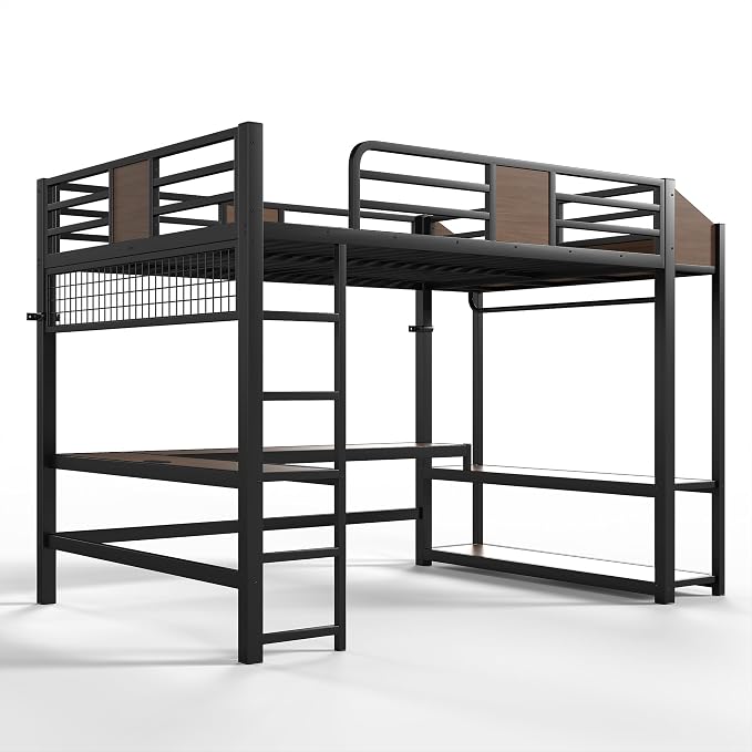 Bellemave Queen Size Loft Bed with Desk and USB Ports, Clothes Hanging Rod, LED, Metal Full Loft Bed Frame for Adults, Kids, Teens, Black