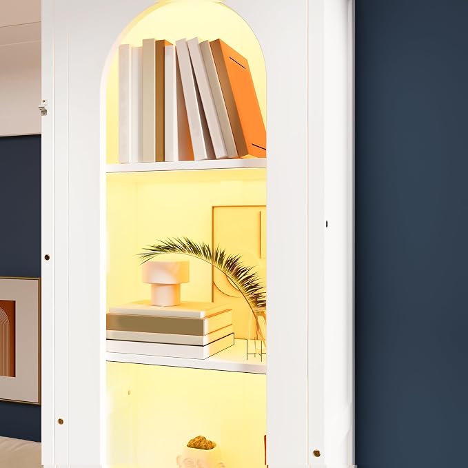 MERITLINE Queen Murphy Bed with Desk and Storage Shelves & LED Light, Solid Wood Hideaway Murphy Wall Bed with Storage Bookcase Shelves and Drawers for Adults (White) (Queen,White W/Led)