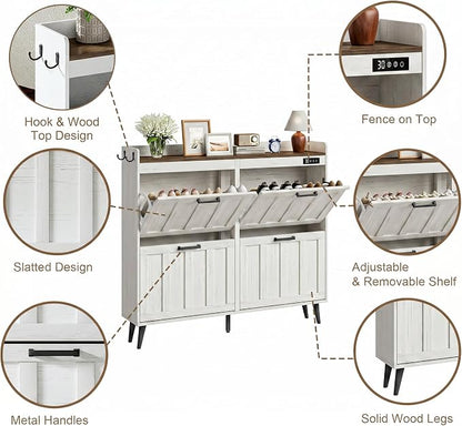 ChooChoo Shoe Storage Cabinet with 4 Flip Drawers, Deodorizing Shoe Organizer Storage for Entryway, Freestanding Hidden Slim Narrow Shoe Rack Cabinet, Antique White & Brown