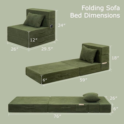 Folding Sofa Bed, 4 in 1 Convertible Sleeper Chair with Pillow, Single Memory Foam Fold Out Chair Bed, Modern Floor Futon Sofa Couch Mattress for Living Room/Guest/Apartment, Green | Convertible