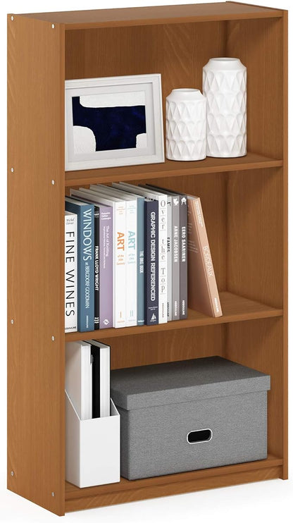 Furinno BASIC Book Shelf, 3-Tier Modern Bookshelf, Bookcase with Open Shelves, 9.3" x 21.8" x 39.5", for Living Room, Bedroom, Home Office, Light Cherry