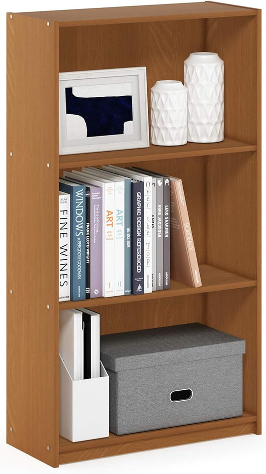 Furinno BASIC Book Shelf, 3-Tier Modern Bookshelf, Bookcase with Open Shelves, 9.3" x 21.8" x 39.5", for Living Room, Bedroom, Home Office, Light Cherry
