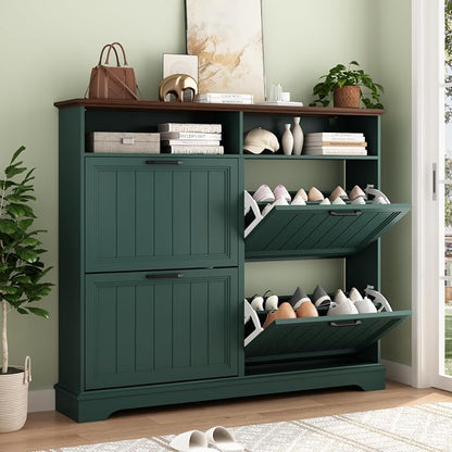 Shoe Storage Cabinet with 4 Flip Drawers, 47" W Farmhouse Modern Hidden Shoes Rack Cabinet with Adjustable Shelves & Open Storage, Narrow Slim Shoe Organizer for Front Door Entrance, Entryway, Green