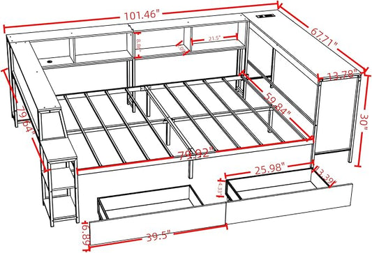 Bellemave Queen Size Corner Bed Frame with Storage Drawers, Bookcase and Side Desk, Queen Corner Bed with Light and Charging Station, Daybed for Bedroom, Living Room, Guest Room White