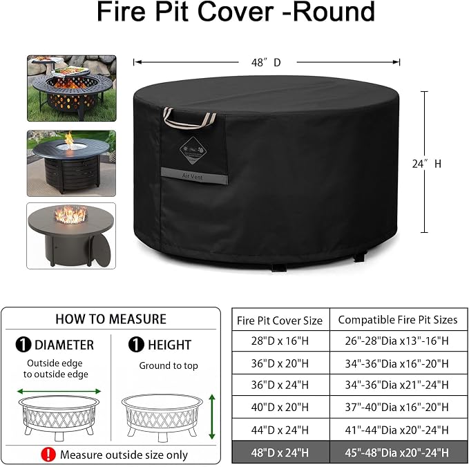 QH.HOME Fire Pit Cover Round Super Waterproof, 48" D X 24" H Outdoor Round Firepit Cover 600D Strong Tear Resistant, UPF 50+ Fire Pit Covers Premium Fading Resistant for Outdoor Fire Pit - Black