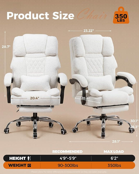 GTPLAYER Big and Tall Office Chair with Pocket Spring Cushion & Ergonomic Lumbar Support for Lower Back Pain Relief, High Back Computer Gaming Chair with Foot Rest, Comfy Teddy Fleece, White