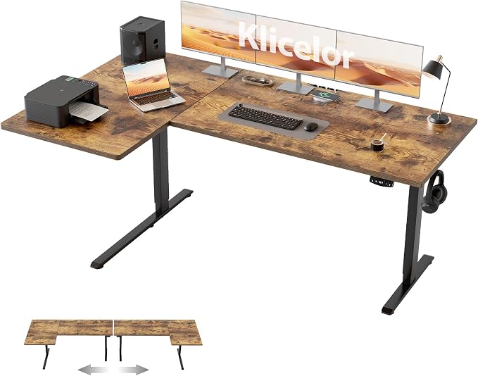 Klicelor L Shaped Standing Desk, 63 Inch Electric Height Adjustable Desk with Memory Preset, Reversible Sit Stand Up Computer Workstation for Home Office, Splice Board, Rustic Brown