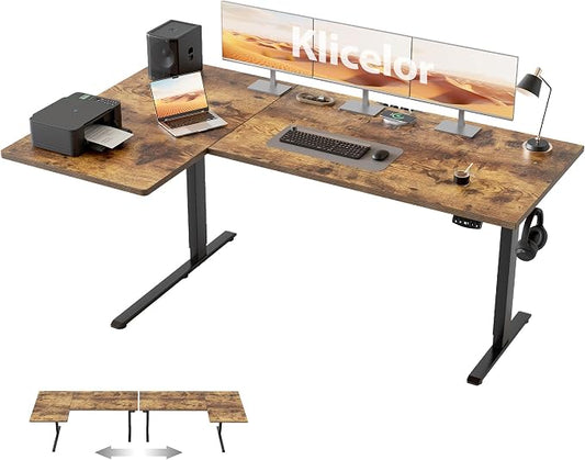 Klicelor L Shaped Standing Desk, 63 Inch Electric Height Adjustable Desk with Memory Preset, Reversible Sit Stand Up Computer Workstation for Home Office, Splice Board, Rustic Brown