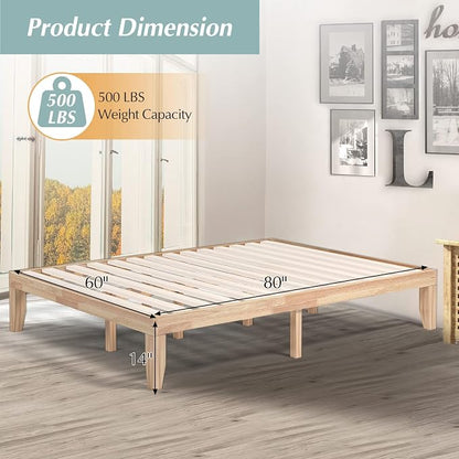 COSTWAY Queen Size Platform Bed Frame, 14 Inches Solid Rubber Wood Bed Mattress Foundation with Sturdy Slats Support, Easy Assembly Bed Frame for Home Hotel, No Box Spring Needed (Natural, Queen)