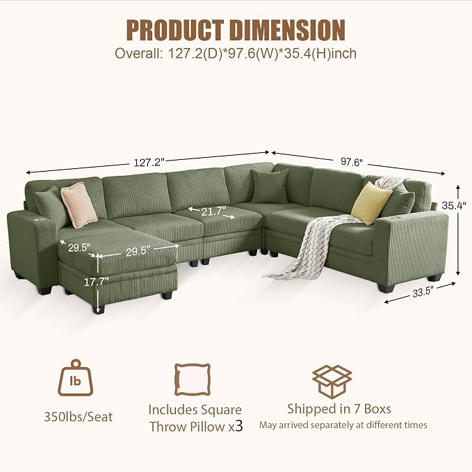 127" Modular Sectional Sofa with Storage, Corduroy 7-Seater V-Shaped Sofa with Ottoman Chaise, Convertible L-Shaped U-Shaped Cloud Sectional Couches for Living Room, Apartment