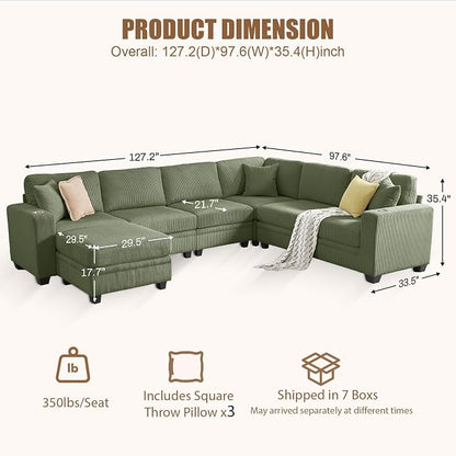 127" Modular Sectional Sofa with Storage, Corduroy 7-Seater V-Shaped Sofa with Ottoman Chaise, Convertible L-Shaped U-Shaped Cloud Sectional Couches for Living Room, Apartment