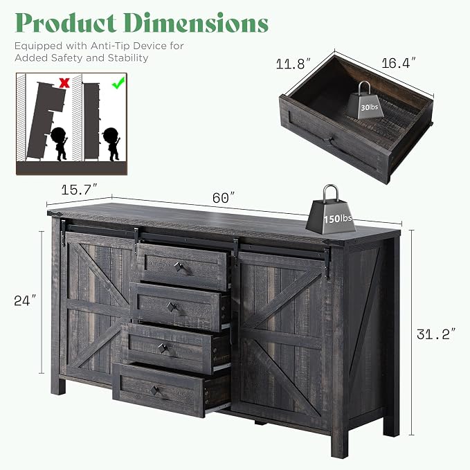 AMERLIFE 4 Pieces Farmhouse Bedroom Set, Includes King Size Bookcase Headboard Bed Frame, 5 Drawer Tall Dresser, 47'' Dresser with 4 Drawers, 60" Dresser with 4 Drawers, Black Oak