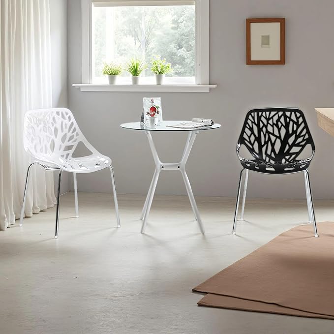 Karl home Stackable Dining Chairs Set of 4, 3-Step Assembly, 350LBS, White | Bird's nest trunk pattern, robust metal frame, 350lbs capacity, plastic construction, for kitchen/dining/bedroom/living room
