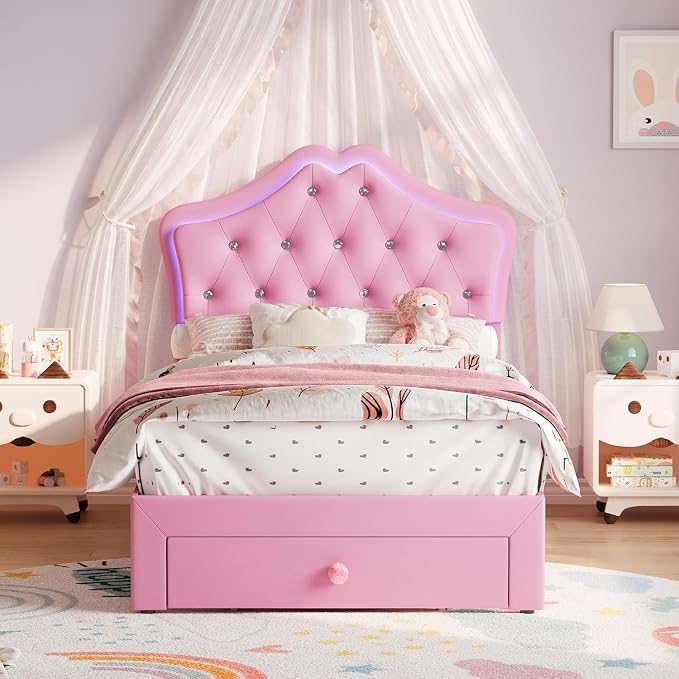 Garvee Twin XL Size Bed Frame with LED Lights & Velvet Crystal Button Headboard, Upholstered Boy Platform Bed with Storage Drawer, Noise Free, No Box Spring Needed for Kids, Teens, Pink