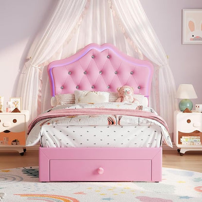 Garvee Twin XL Size Bed Frame with LED Lights & Velvet Crystal Button Headboard, Upholstered Boy Platform Bed with Storage Drawer, Noise Free, No Box Spring Needed for Kids, Teens, Pink