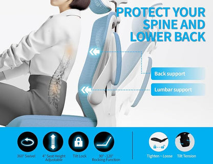 Ergonomic Office Chair - Mesh Desk Chair with Adjustable Lumbar Support High Back Computer Gaming Chairs - Big and Tall Office Chairs Adults, Comfortable for Long Hours, Sky Blue