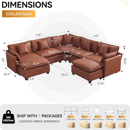 137'' V Shaped Cloud Sectional Sofa, Oversized Deep Seat Leather Couches for Living Room, Comfy Upholstered Modular Sectional Sofa Couch with 2 Movable Ottoman, Leather Brown